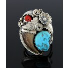 Old Pawn Navajo Native American Sterling Silver Claw Coral Turquoise Ring Sz 10 