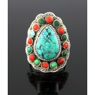 Old Pawn Navajo Native American Sterling Silver Coral Turquoise Ring 8.5 15.5g