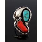 Old Pawn Navajo Native American Sterling Silver Coral Turquoise Ring 7.5 13.9g