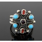 Mexico Pueblo Native American Sterling Silver Coral Garnet Turquoise Ring Sz 9.5