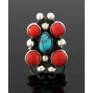 Old Pawn Navajo Native American Sterling Silver Coral Turquoise Ring 6.75 10.8g