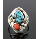 Justin Morris Navajo Native American Sterling Silver Coral Turquoise Ring 12.5