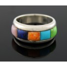 Vintage Zuni Native American Sterling Silver Inlaid Multi Stone Ring Size 7 6.4g