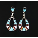 Vintage NB Zuni 925 Sterling Silver Inlaid Multi Stone Drop Dangle Earrings