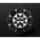A Dishta Zuni Native American 925 Sterling Silver Inlaid Sun Face Brooch Pendant