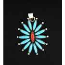 Zuni Native American Sterling Silver Needlepoint Coral Turquoise Pendant 9.1g