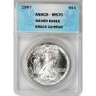 1987 $1 Silver American Eagle ANACS MS70 Brilliant Uncirculated Coin