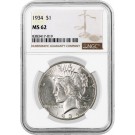1934 $1 Silver Peace Dollar NGC MS62 Uncirculated Key Date Coin