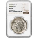 1921 High Relief $1 Silver Peace Dollar NGC AU58 Key Date Coin