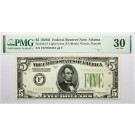 Series Of 1928 D $5 Bill Note FRN Atlanta Light Green Seal Fr#1954-F PMG VF30