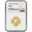 1986 $10 1/4 oz American Gold Eagle NGC MS70 Gem Uncirculated Coin