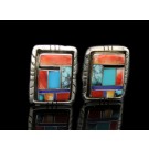 Navajo Native American 925 Sterling Silver Inlaid Multi Stone Clip On Earrings