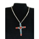 LP Navajo Native American Sterling Silver Coral Turquoise Cross Pendant Necklace