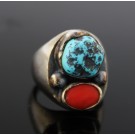 LC Navajo Native American 925 Sterling Silver Coral Turquoise Ring Size 9.75