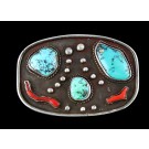 Zuni Navajo Native American Morenci Sterling Silver Turquoise Coral Belt Buckle