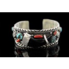 Zuni Navajo Native American Sterling Silver Turquoise Coral Onyx Cuff Bracelet
