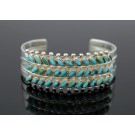 Old Pawn Zuni Native American Sterling Needlepoint Turquoise 3 Row Cuff Bracelet
