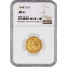 1844 O $5 Liberty Head Half Eagle Gold NGC AU53 About Uncirculated Coin