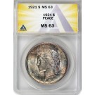 1921 High Relief $1 Silver Peace Dollar ANACS MS63 Uncirculated Key Date Coin