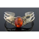 Old Pawn Signed LB Navajo Native American Sterling Silver Amber Cuff Bracelet