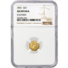 1851 $1 Liberty Head Gold Dollar Type 1 NGC AU Details Cleaned Coin