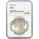 1891 S $1 Morgan Silver Dollar NGC MS61 Uncirculated Key Date Coin