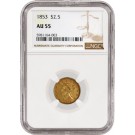 1853 $2.50 Liberty Head Quarter Eagle Gold NGC AU55 Mint Error Partial Collar 
