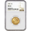 1893 $5 Liberty Head Half Eagle Gold NGC MS63 Brilliant Uncirculated Coin #006