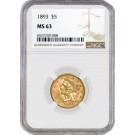 1893 $5 Liberty Head Half Eagle Gold NGC MS63 Brilliant Uncirculated Coin #008