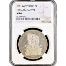 1881 5F 5 Francs Shooting Taler Silver Switzerland Fribourg Festival NGC MS61 