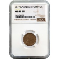 1917 1C Lincoln Wheat Cent DDO Doubled Die Obverse NGC MS62 BN Brown