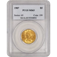 1907 $5 Liberty Head Half Eagle Gold PCGS MS63 Uncirculated Coin