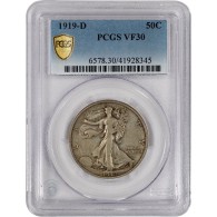 1919 D 50C Walking Liberty Silver Half Dollar PCGS Secure Gold Shield VF30 Coin