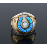 KN Navajo Native American YGF Sterling Silver CZ Blue Opal Horseshoe Ring 