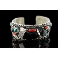 Zuni Navajo Native American Sterling Silver Turquoise Coral Onyx Cuff Bracelet