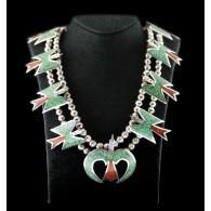 BBB Zuni Navajo Native American Sterling Silver Peyote Bird Squash Blossom Necklace