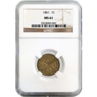 1861 1C Indian Head Cent Copper Nickel NGC MS61 Uncirculated Coin
