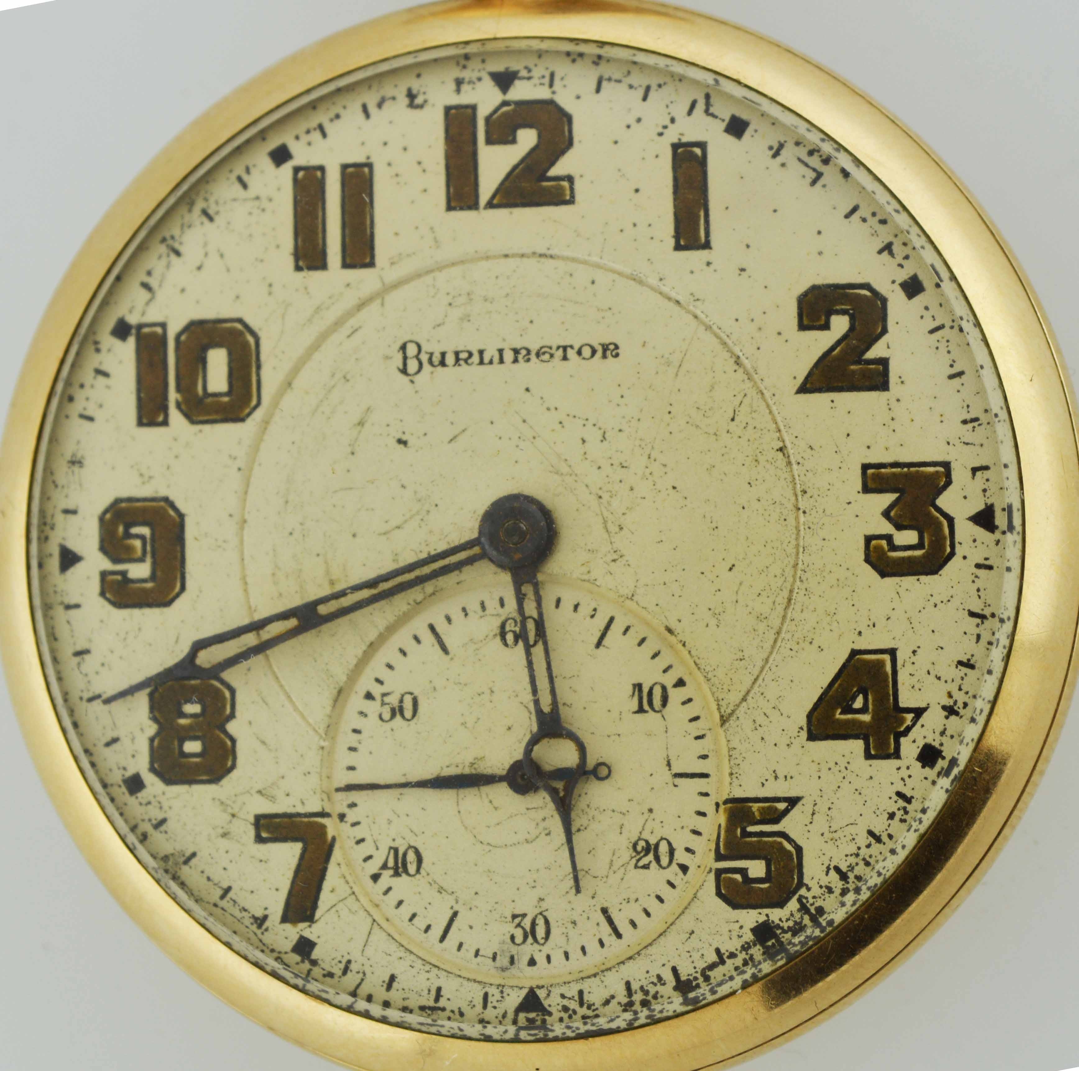 Antique Burlington Watch Co 21 Jewel 14k Gold Filled Open Face Pocket