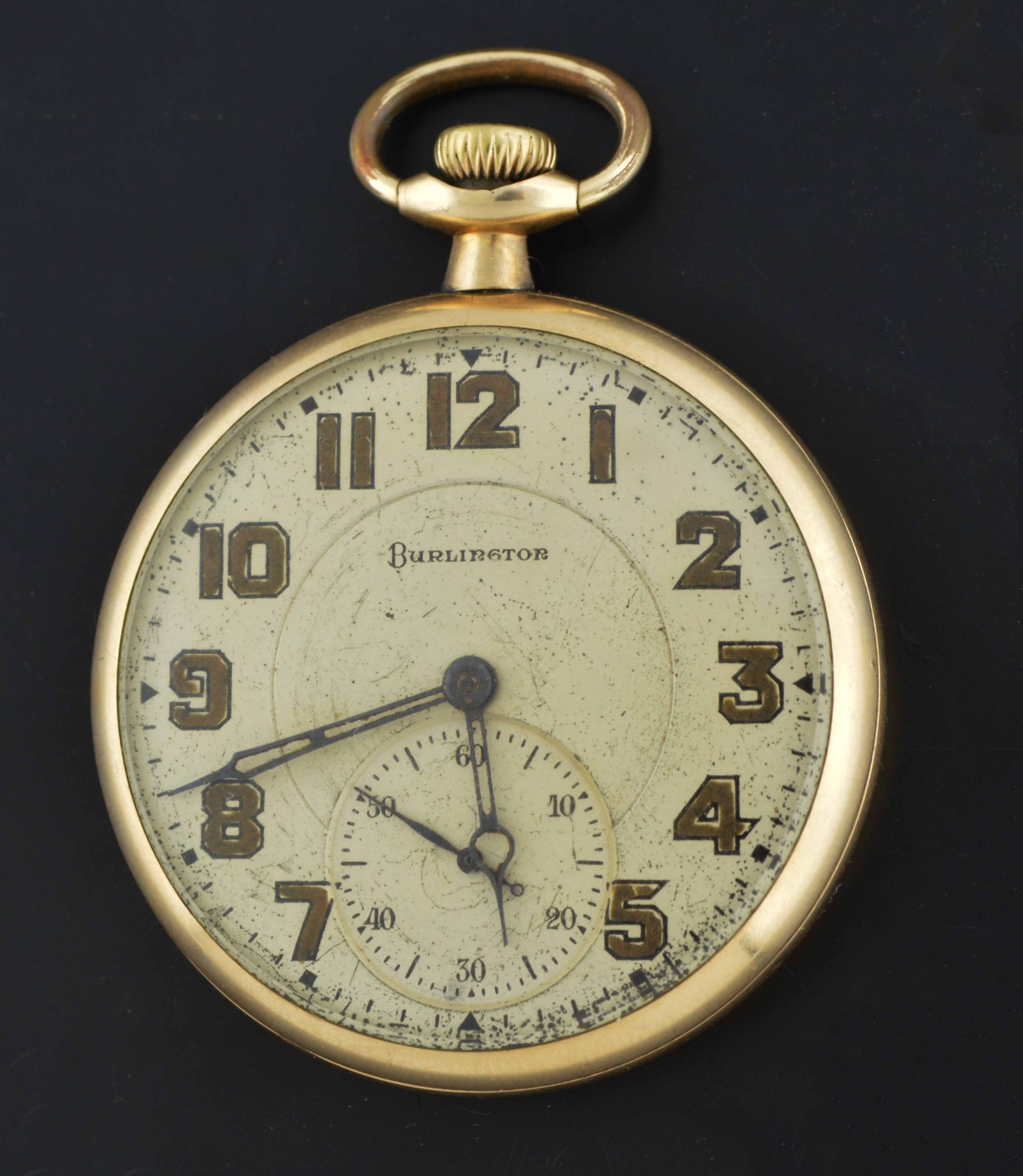 Antique Burlington Watch Co 21 Jewel 14k Gold Filled Open Face Pocket
