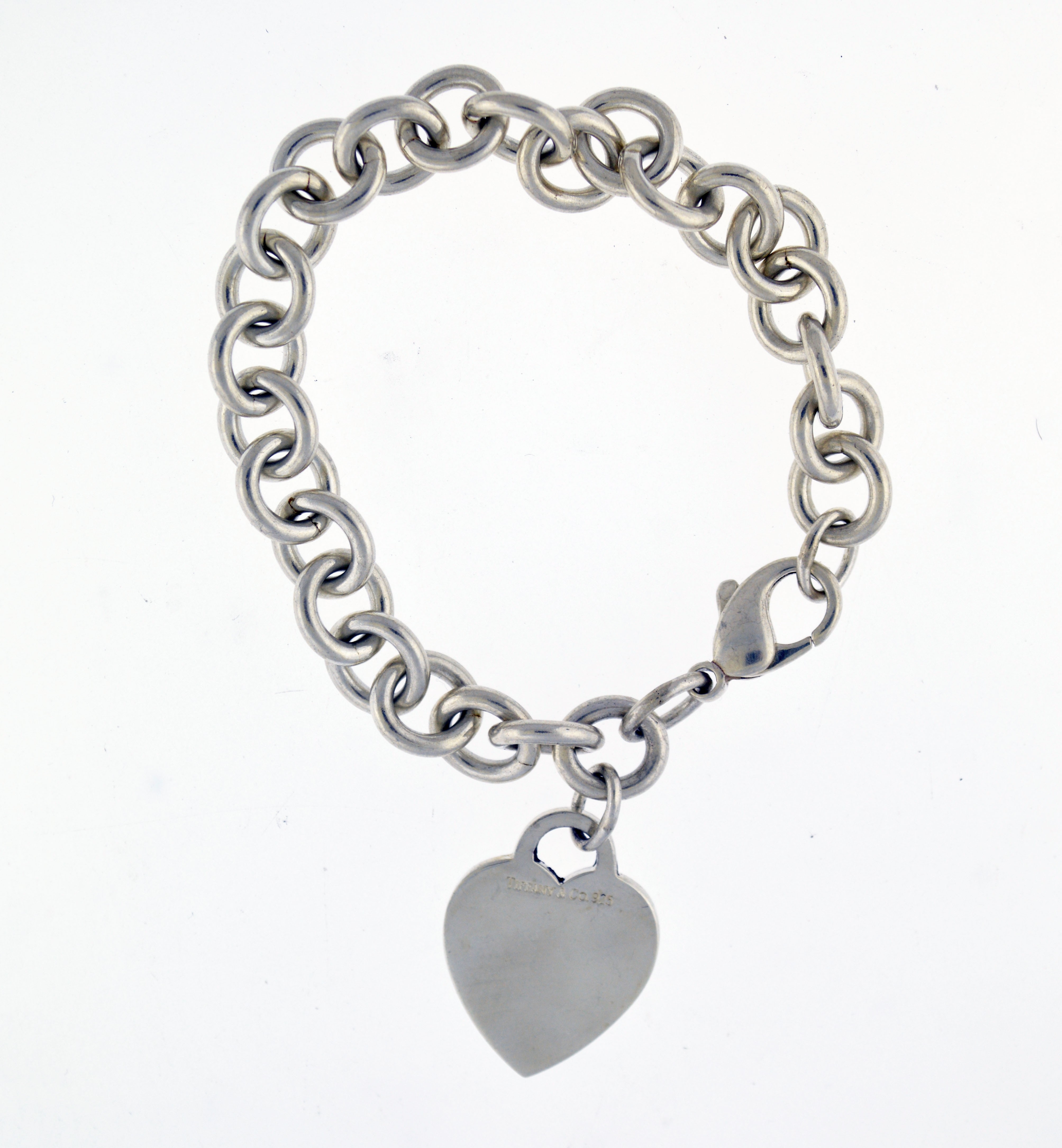 Tiffany & Co 925 Sterling Silver Heart Tag Charm Chain Link Bracelet 7.