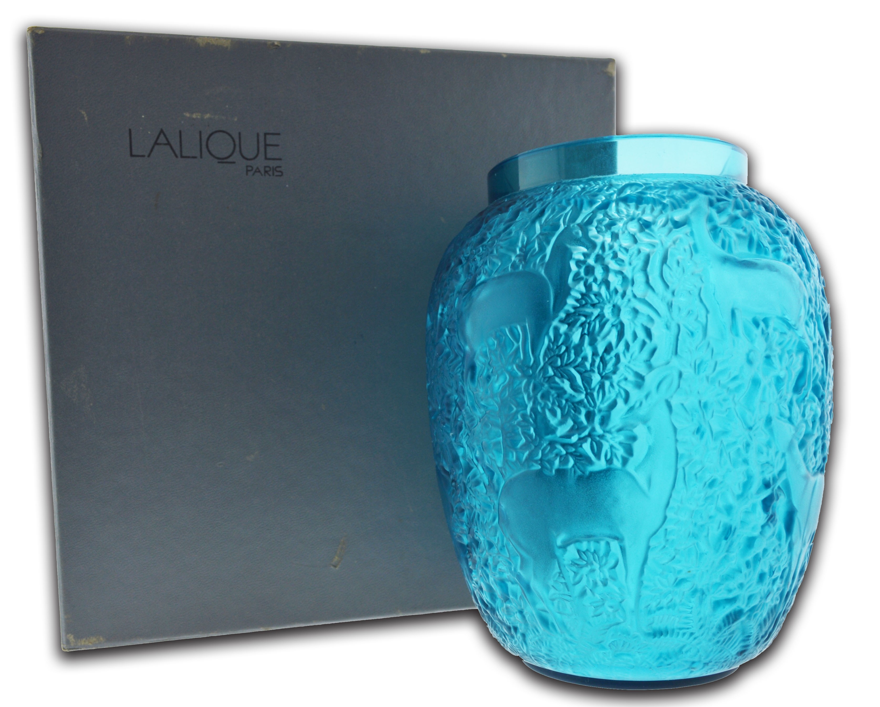 Authentic Signed Lalique Biches Deer Frosted Turquoise Crystal Vase