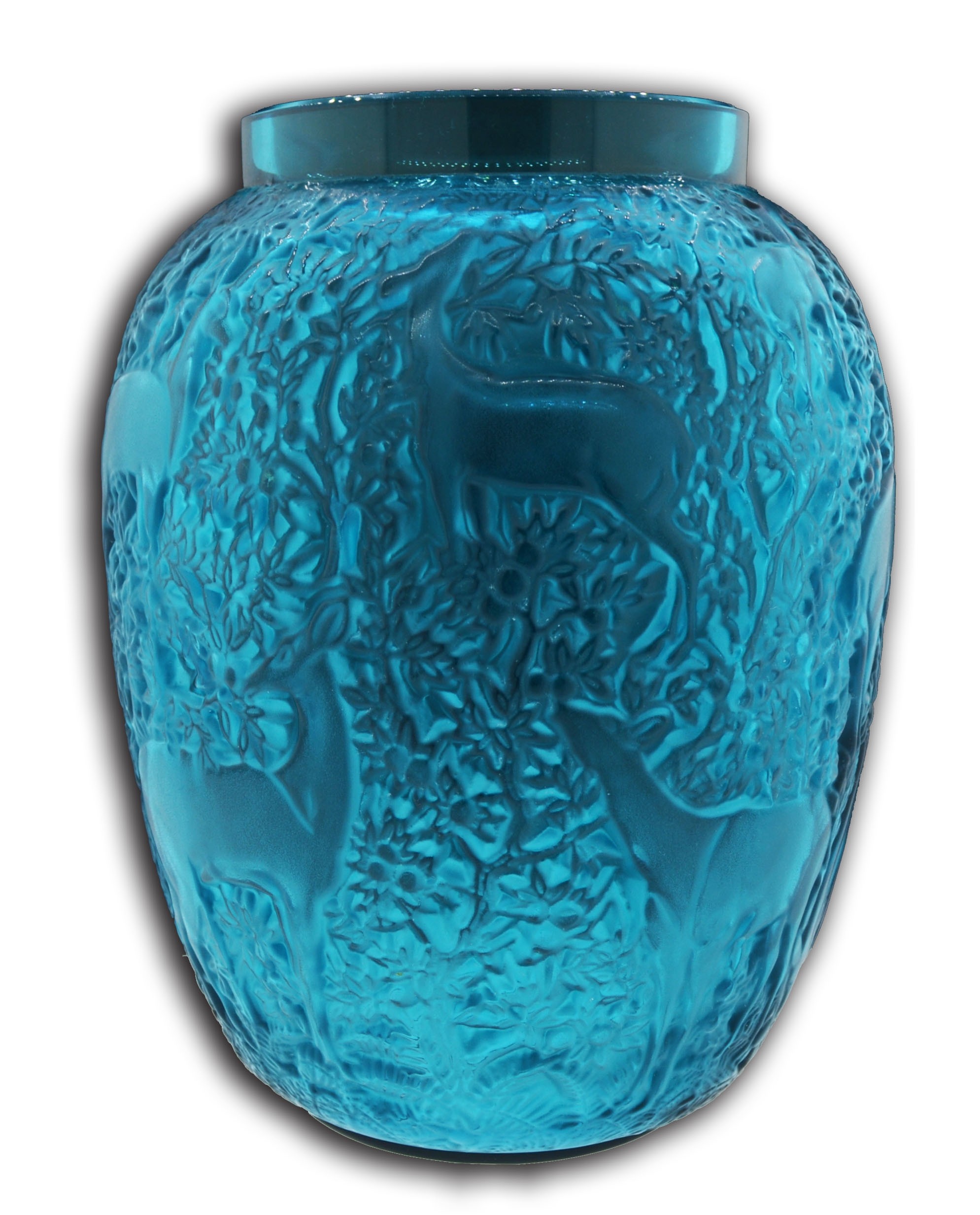 Authentic Signed Lalique Biches Deer Frosted Turquoise Crystal Vase