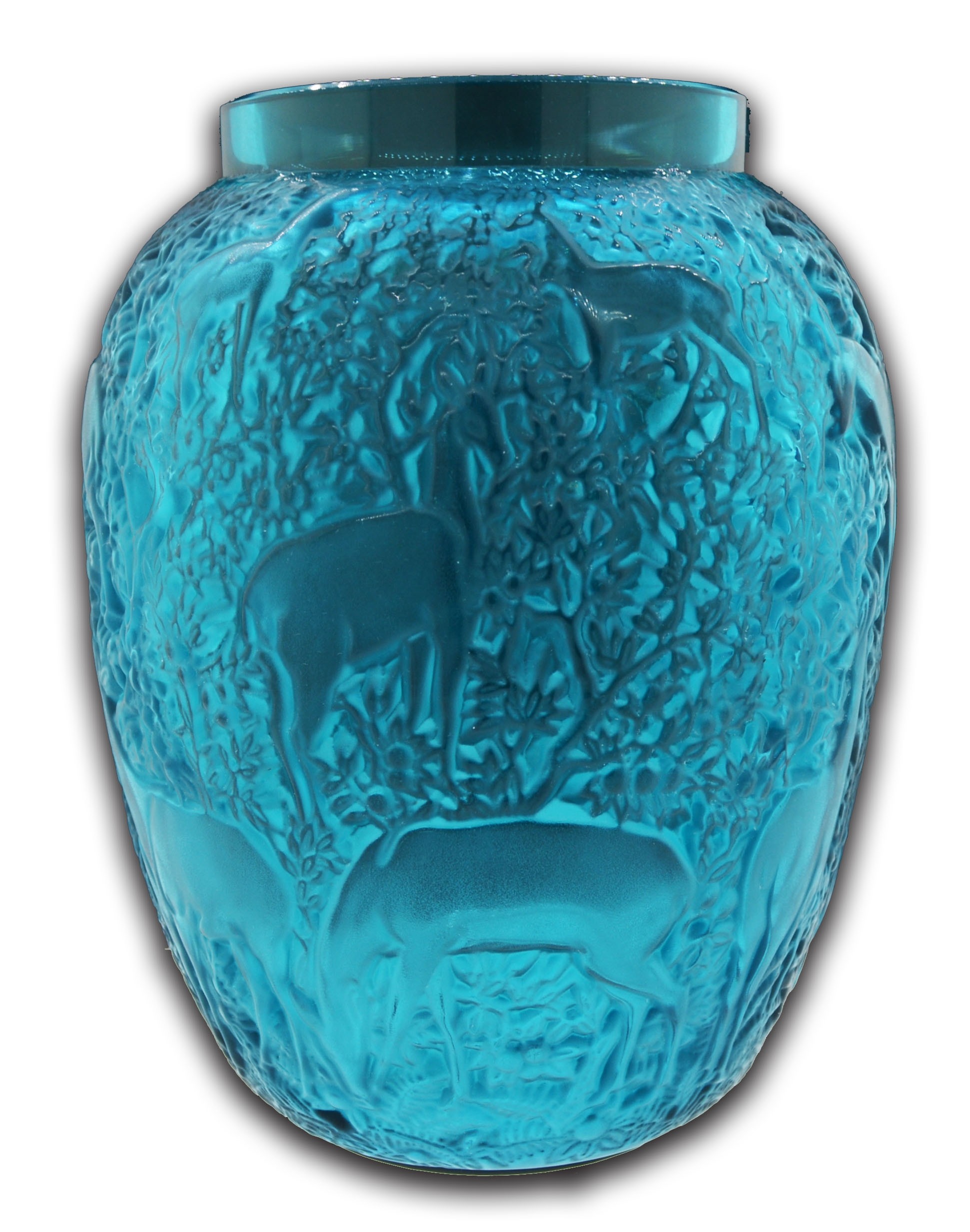Authentic Signed Lalique Biches Deer Frosted Turquoise Crystal Vase