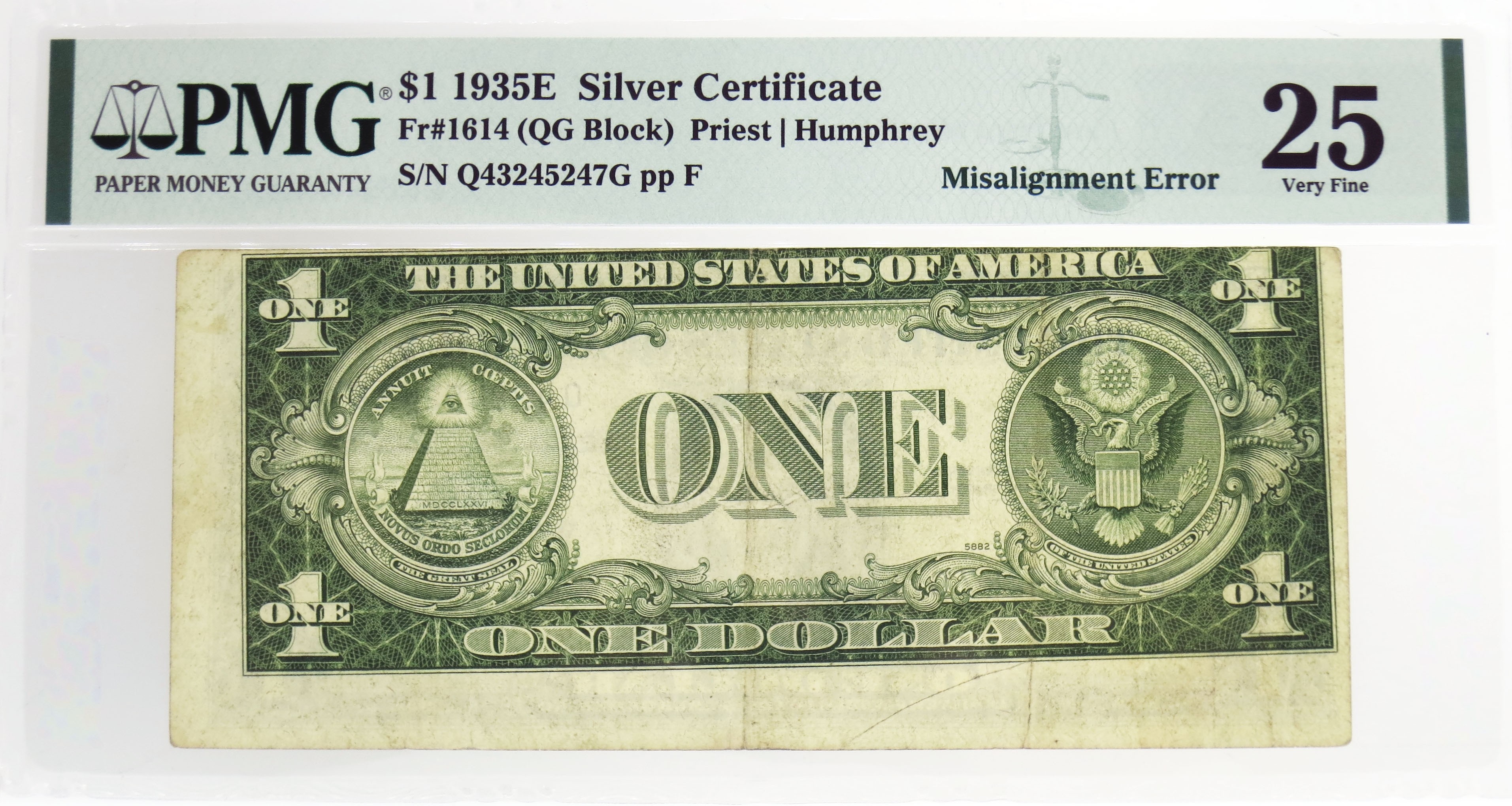 Series Of 1935 E $1 Silver Certificate Fr#1614 Misalignment Error Note