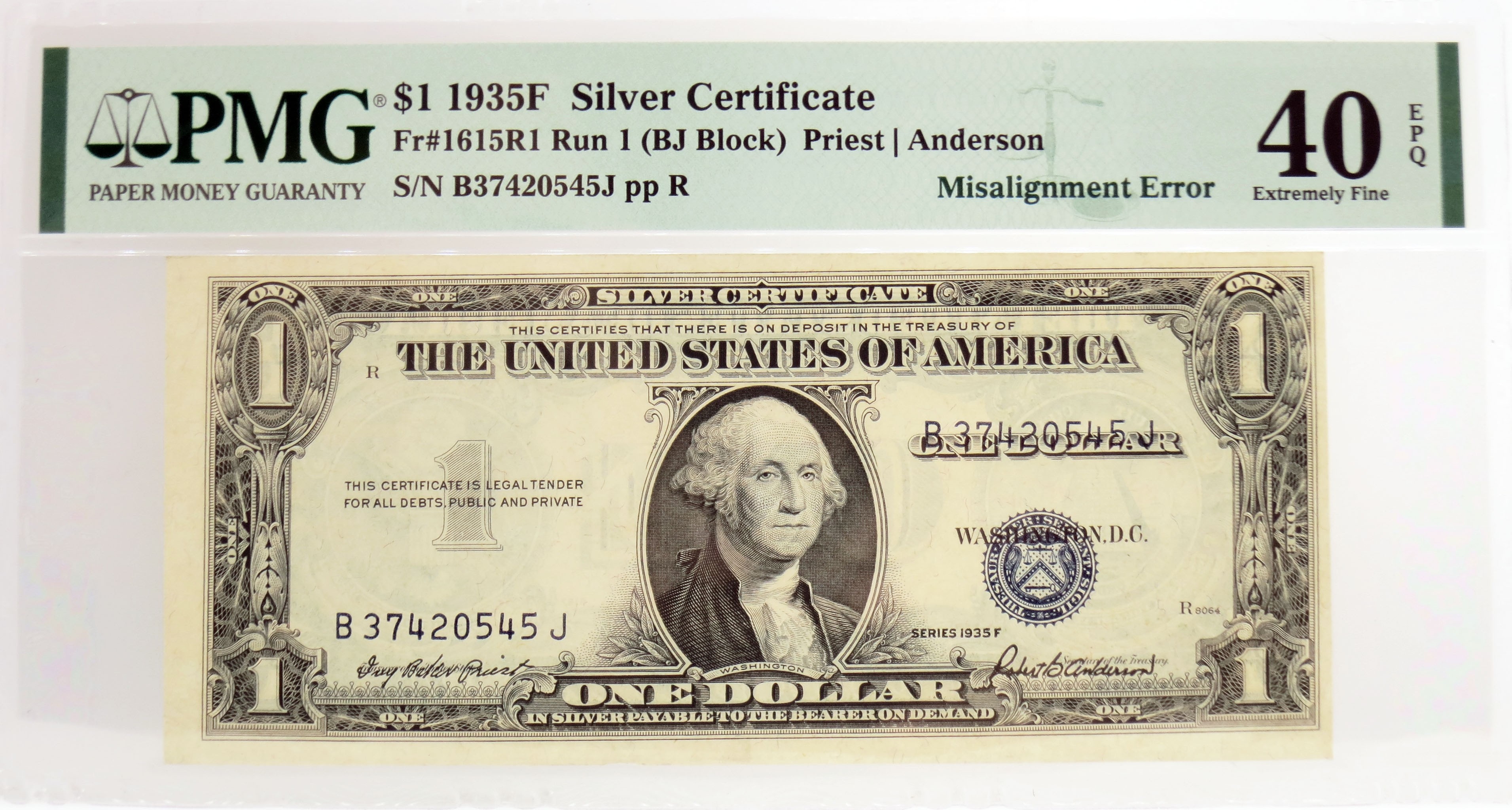1935 F $1 Silver Certificate Fr#1615R1 Misalignment Error Note PMG XF40