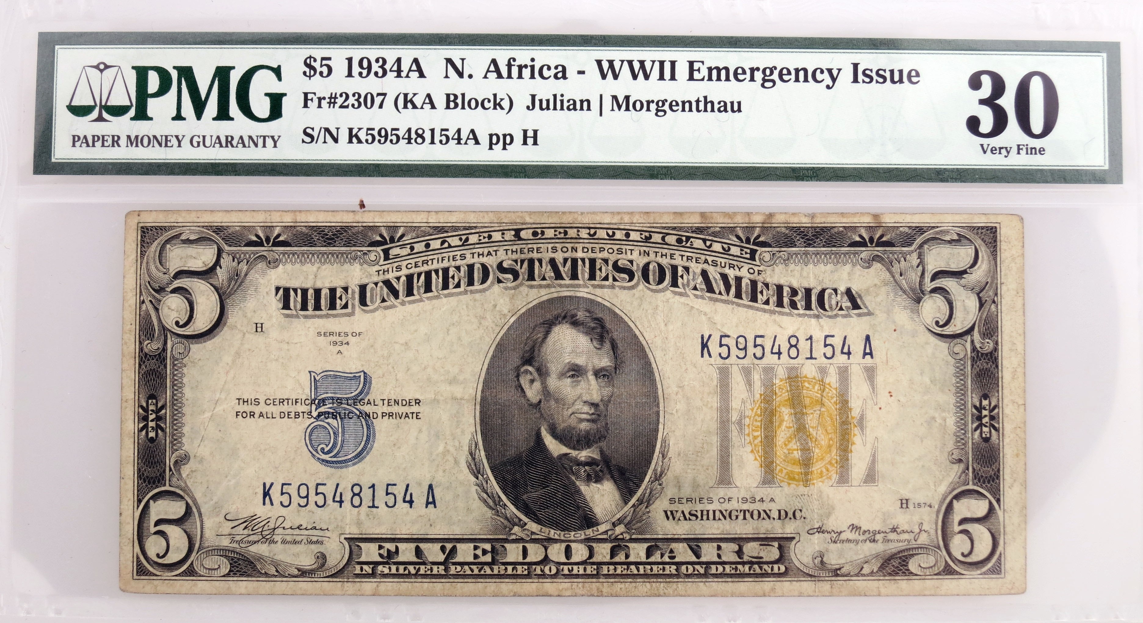 1934 A $5 Silver Certificate North Africa WW2 Fr#2307 KA Block PMG VF30