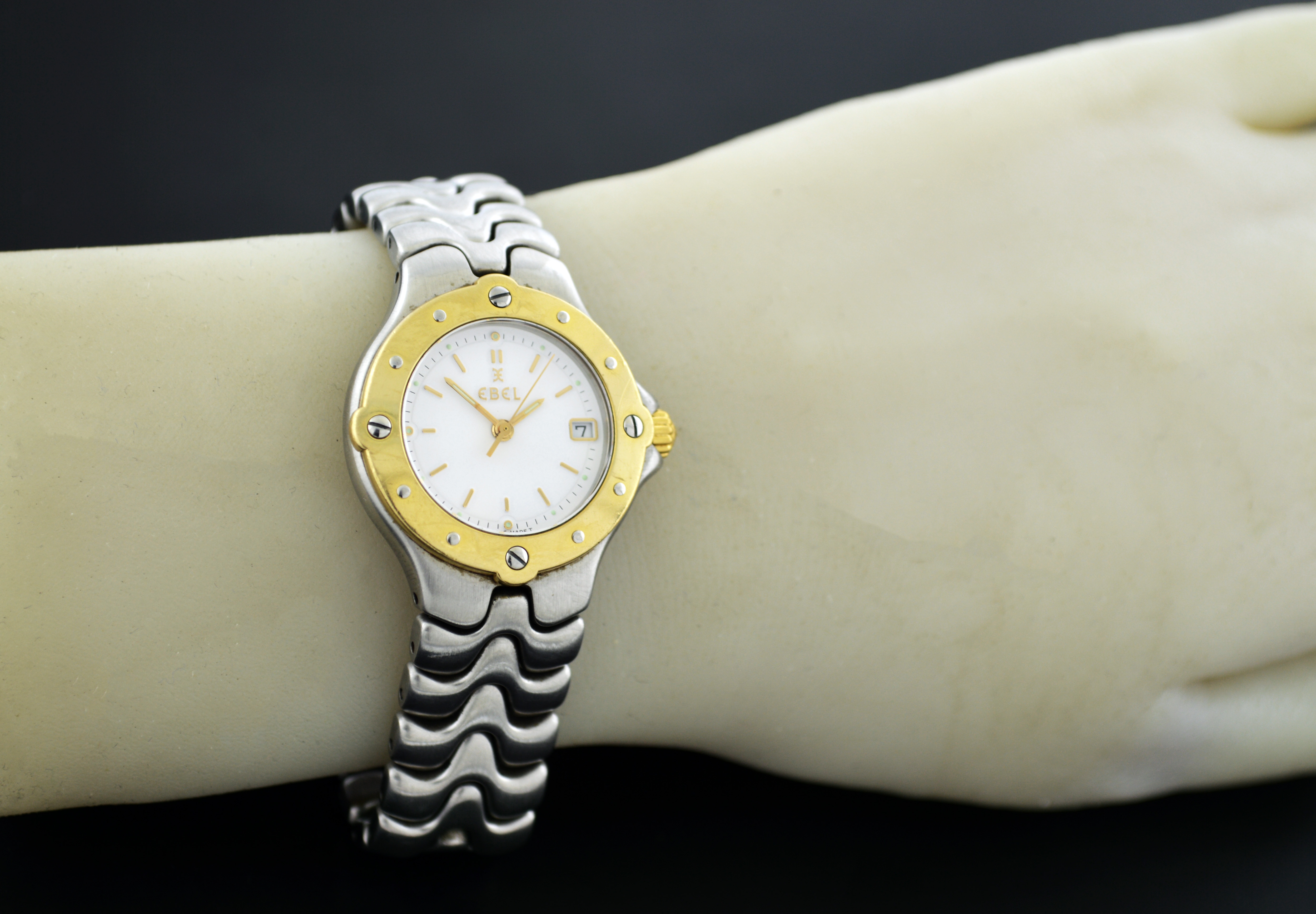 Ebel Sportwave 30mm 18k Gold Bezel Stainless Steel Quartz Ladies Watch