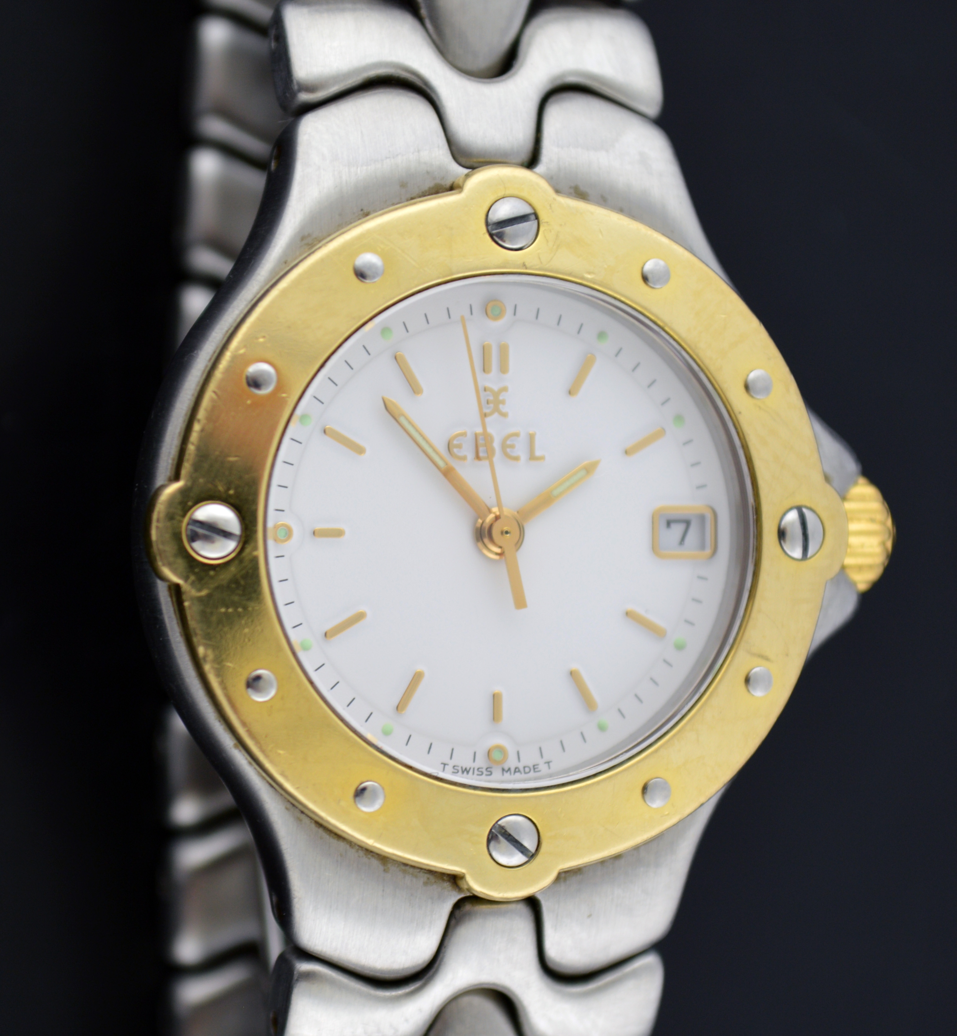 Ebel Sportwave 30mm 18k Gold Bezel Stainless Steel Quartz Ladies Watch