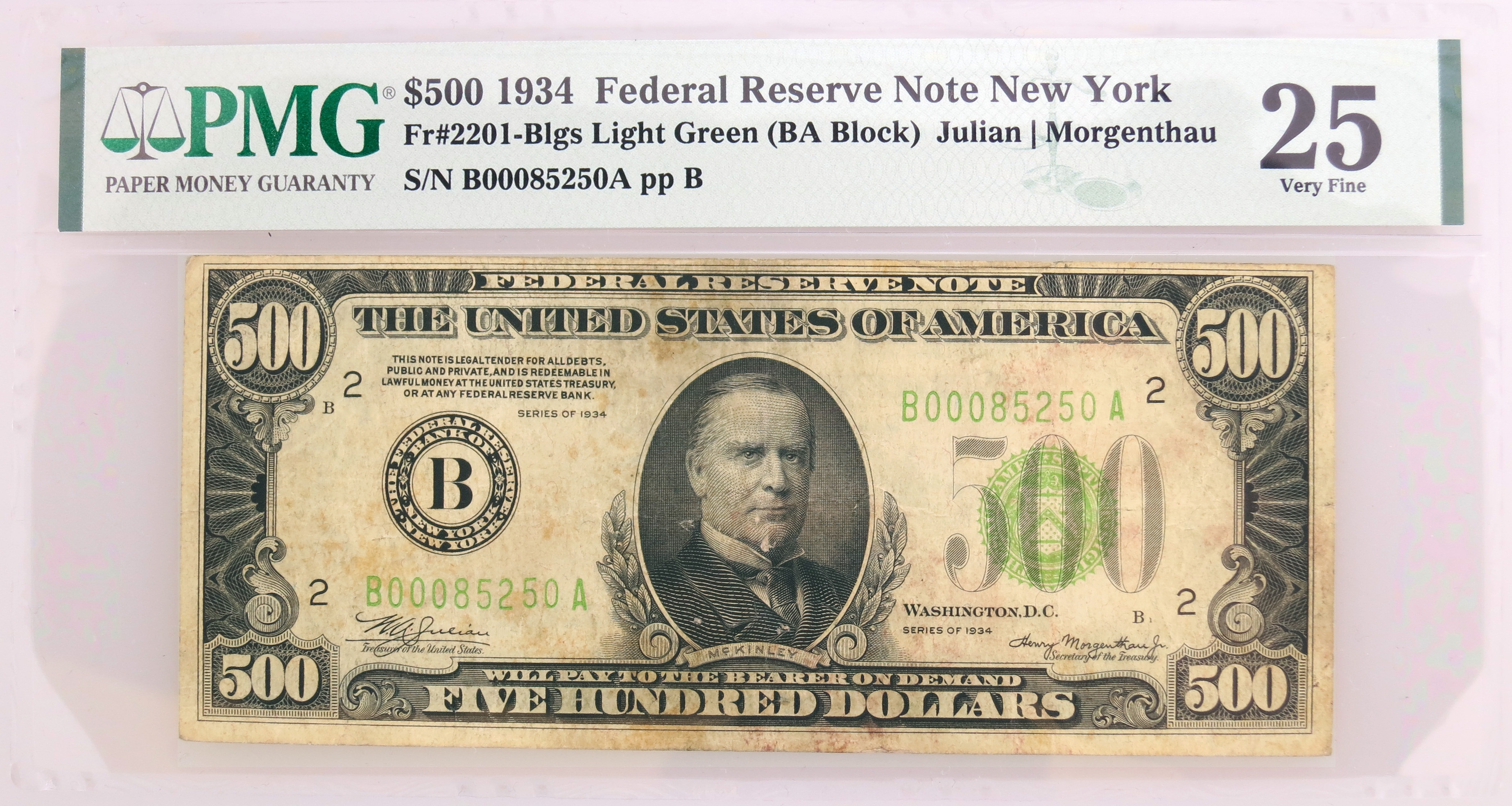Series Of 1934 $500 Bill FRN New York Fr#2201-Blgs BA Block PMG VF25 ...